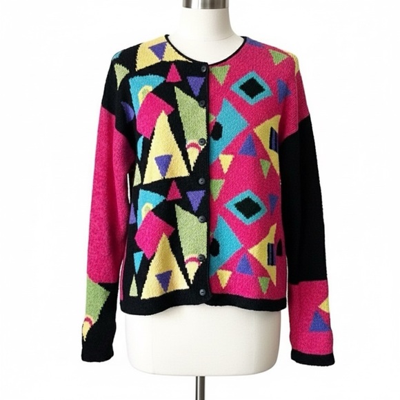 80s Vintage South Cotton Colorful Geo Dopamine Statement Cardigan Sweater Sz S - Picture 2 of 13